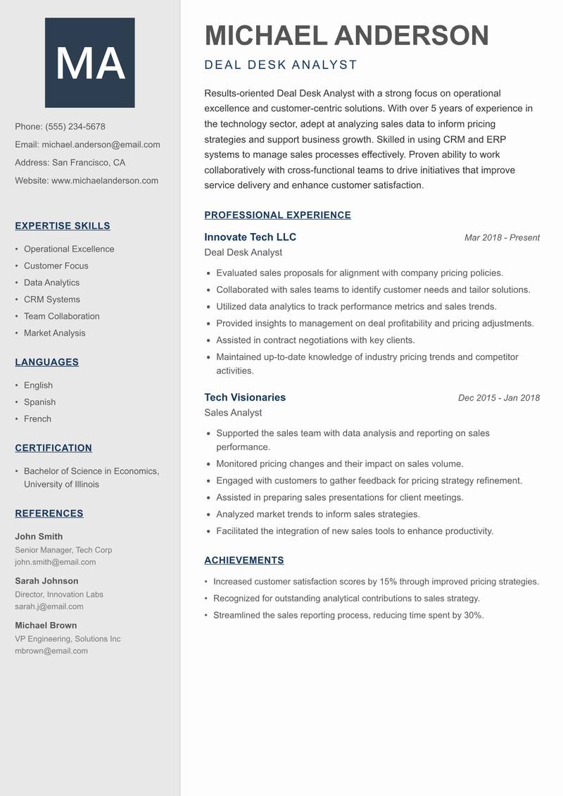 Deal Desk Analyst resume template — Creative Minimal
