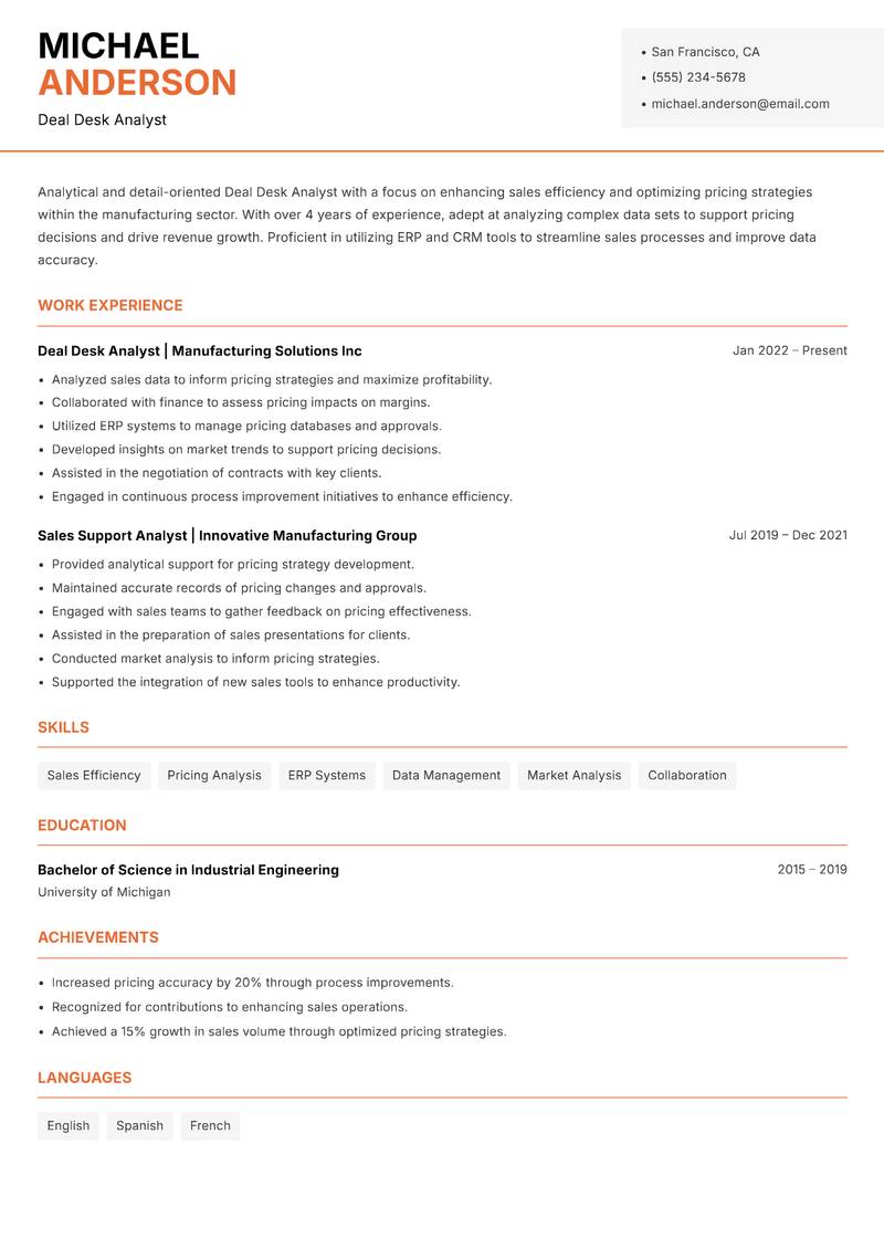 Deal Desk Analyst resume template — Modern Professional