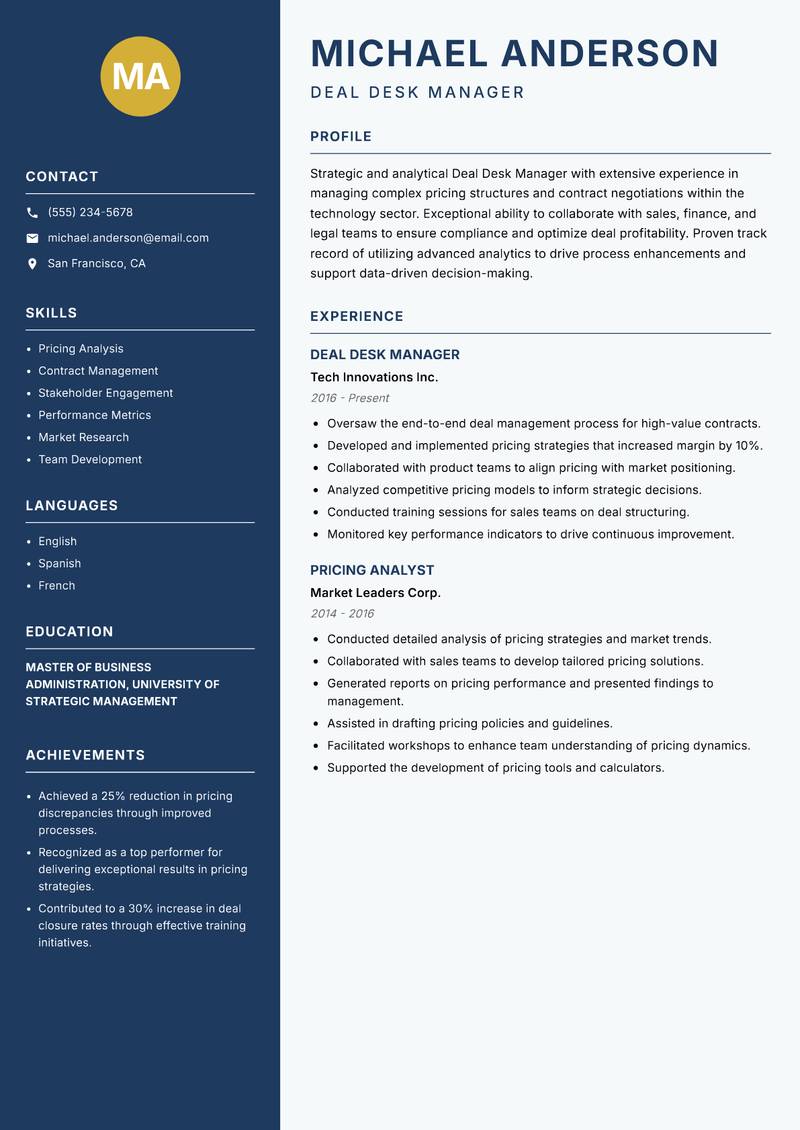 Deal Desk Manager resume template — Classic Clean
