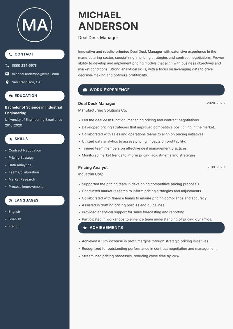 Deal Desk Manager resume template — Compact