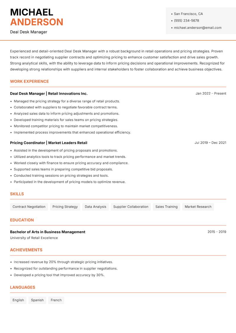Deal Desk Manager resume template — Modern Professional