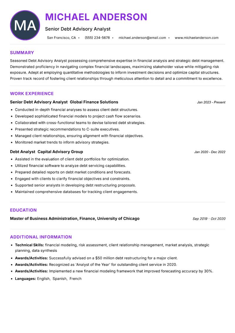 Debt Advisory Analyst resume example — ATS-friendly template