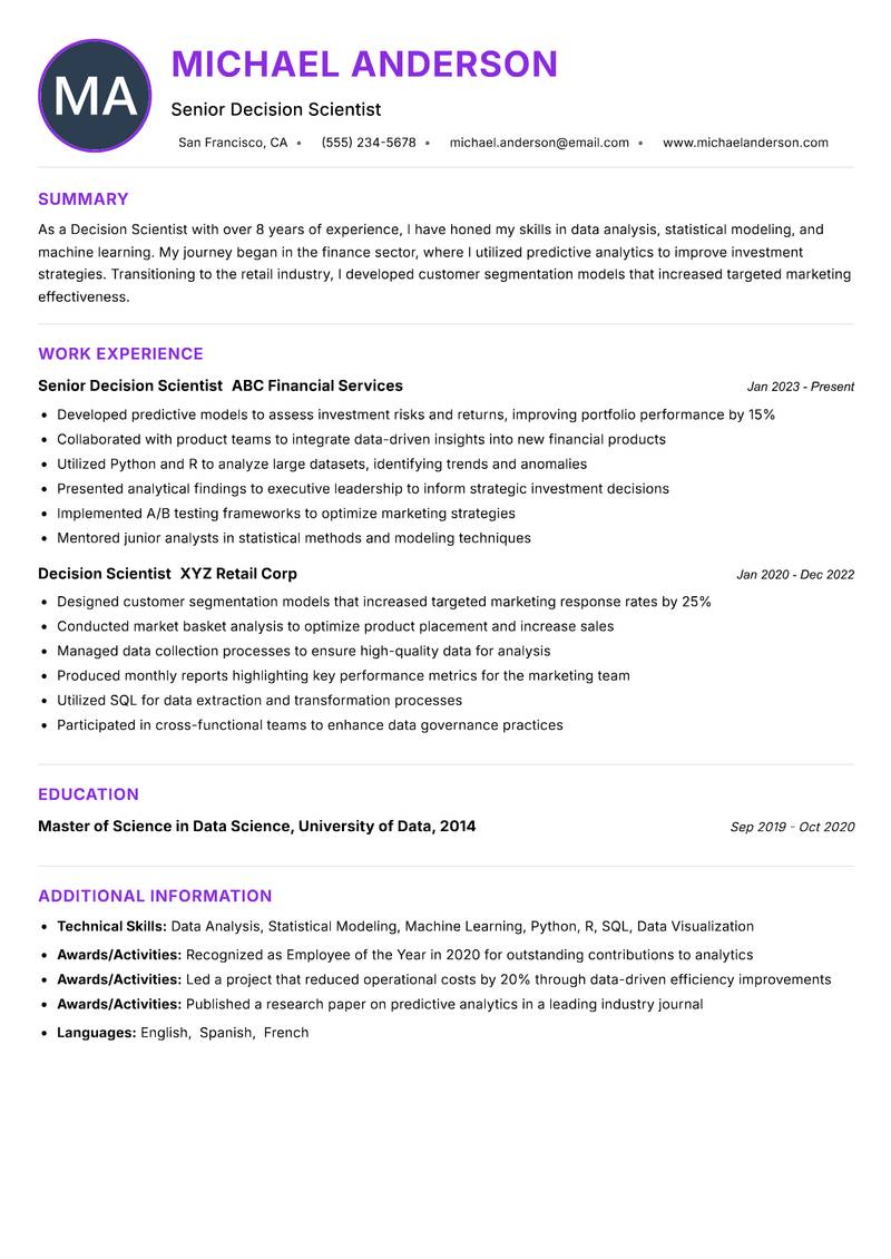 Decision Scientist resume example — ATS-friendly template