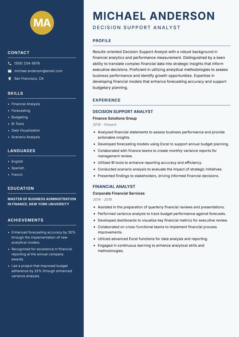 Decision Support Analyst resume template — Classic Clean