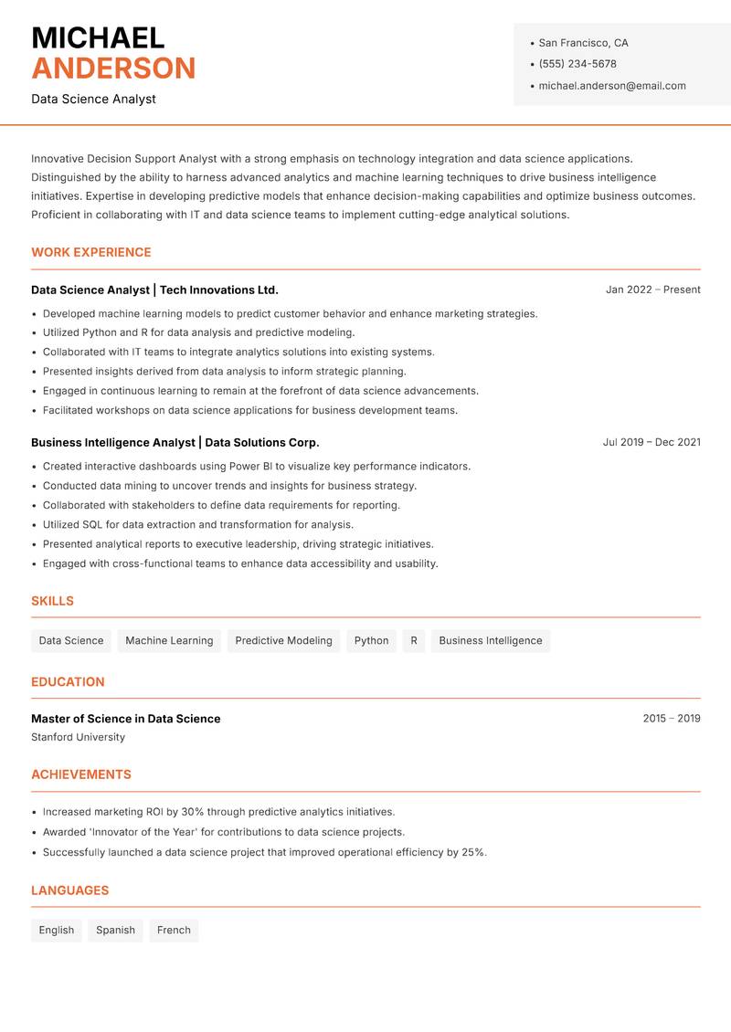 Decision Support Analyst resume template — Modern Professional