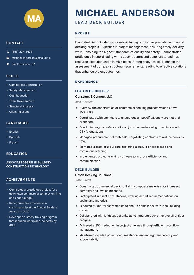 Deck Builder resume template — Classic Clean