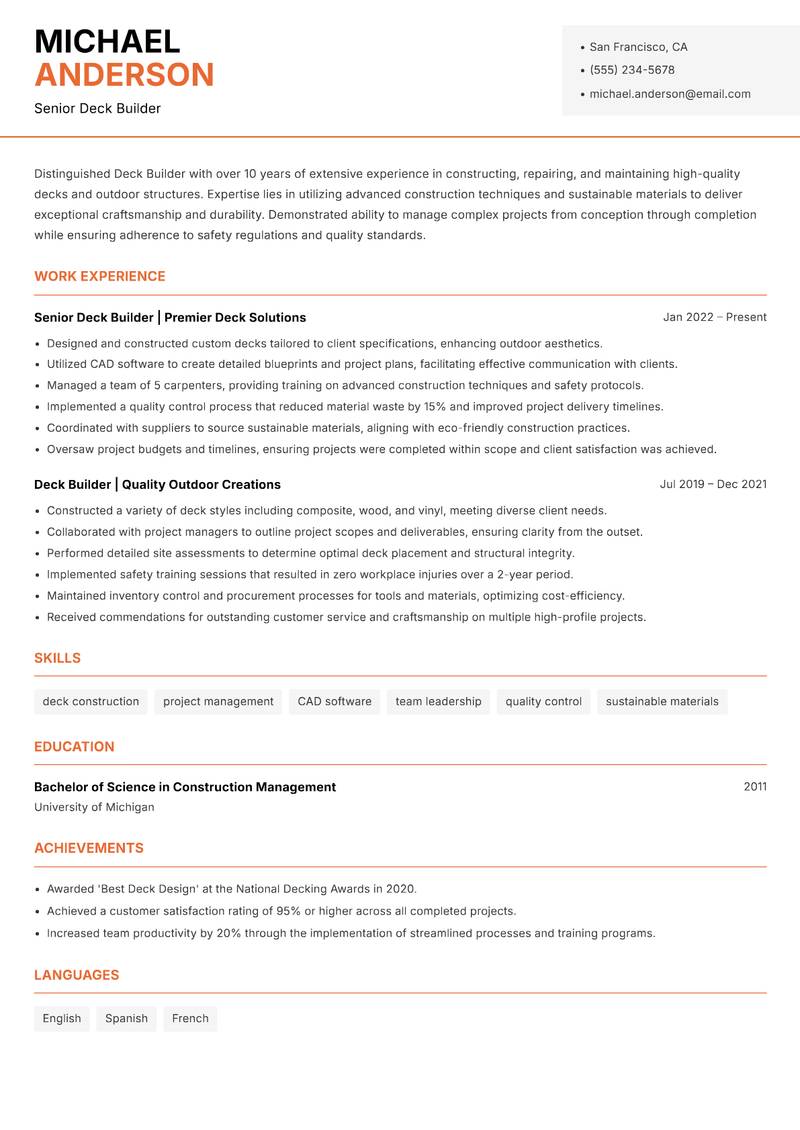 Deck Builder resume template — Modern Professional