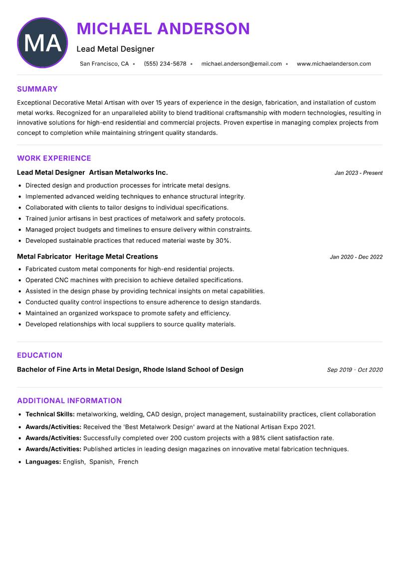 Decorative Metal Artisan resume example — ATS-friendly template