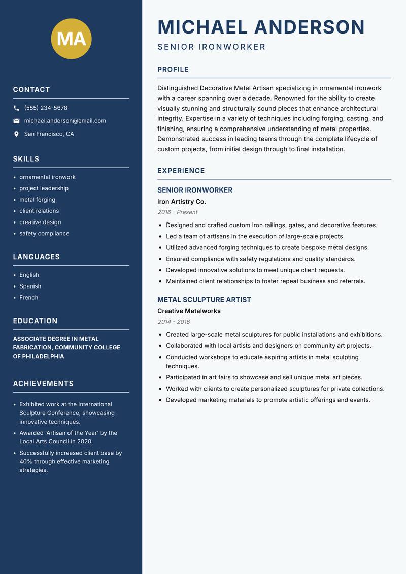 Decorative Metal Artisan resume template — Classic Clean
