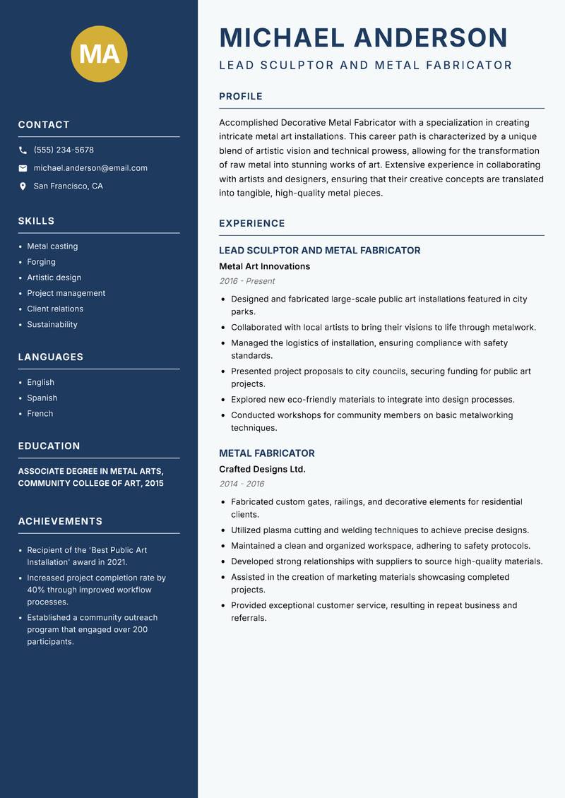 Decorative Metal Fabricator resume template — Classic Clean