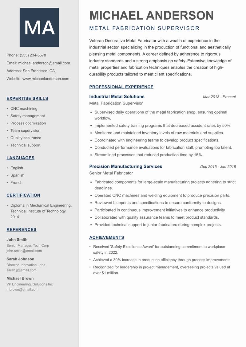 Decorative Metal Fabricator resume template — Creative Minimal