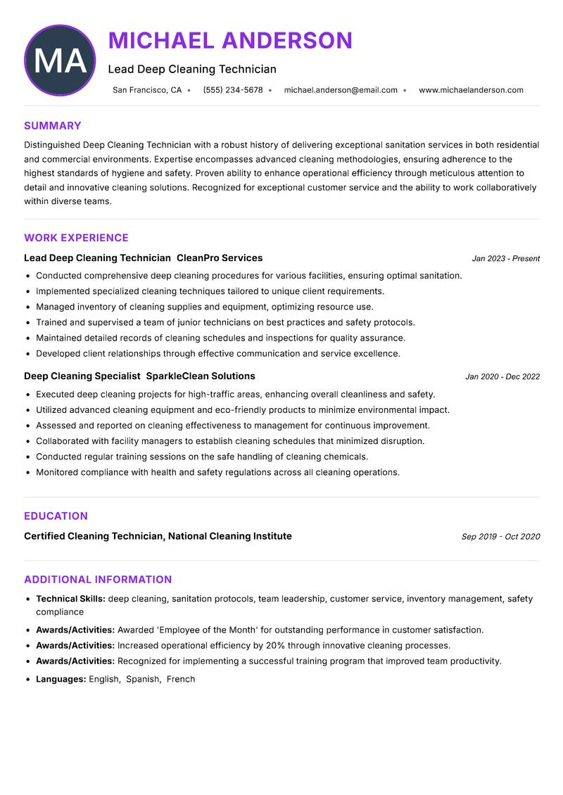 Deep Cleaning Technician resume example — ATS-friendly template