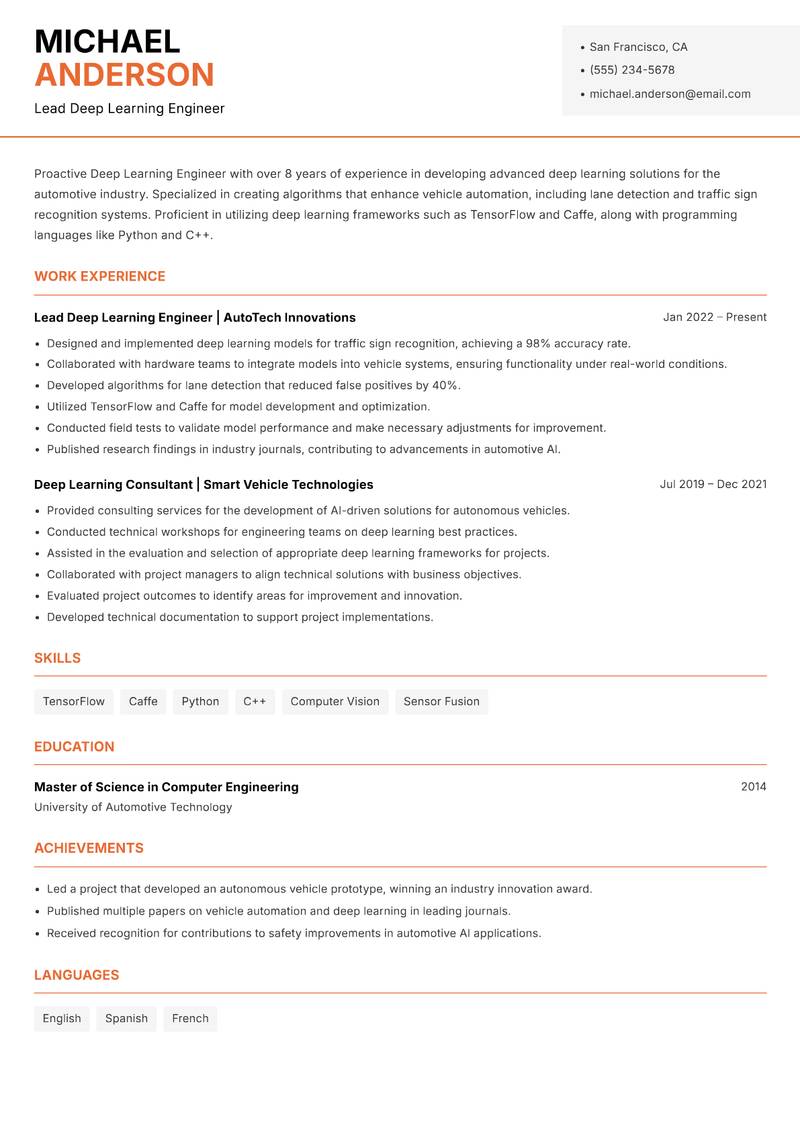 Deep Learning Engineer resume template — Modern Professional