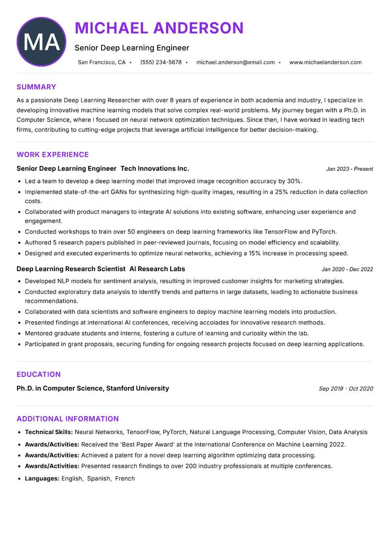Deep Learning Researcher resume example — ATS-friendly template