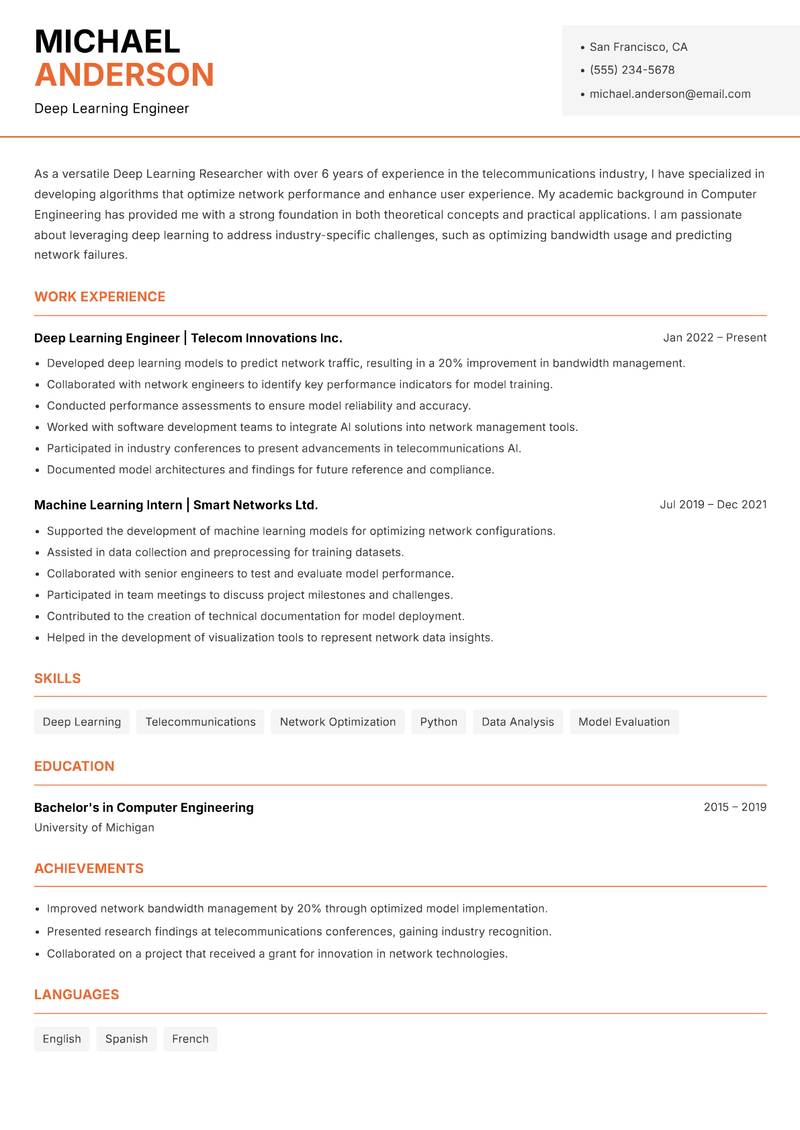 Deep Learning Researcher resume template — Modern Professional