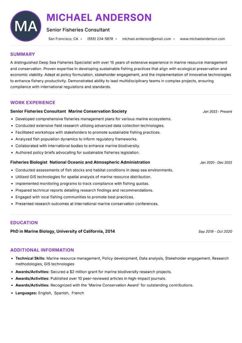 Deep Sea Fisheries Specialist resume example — ATS-friendly template
