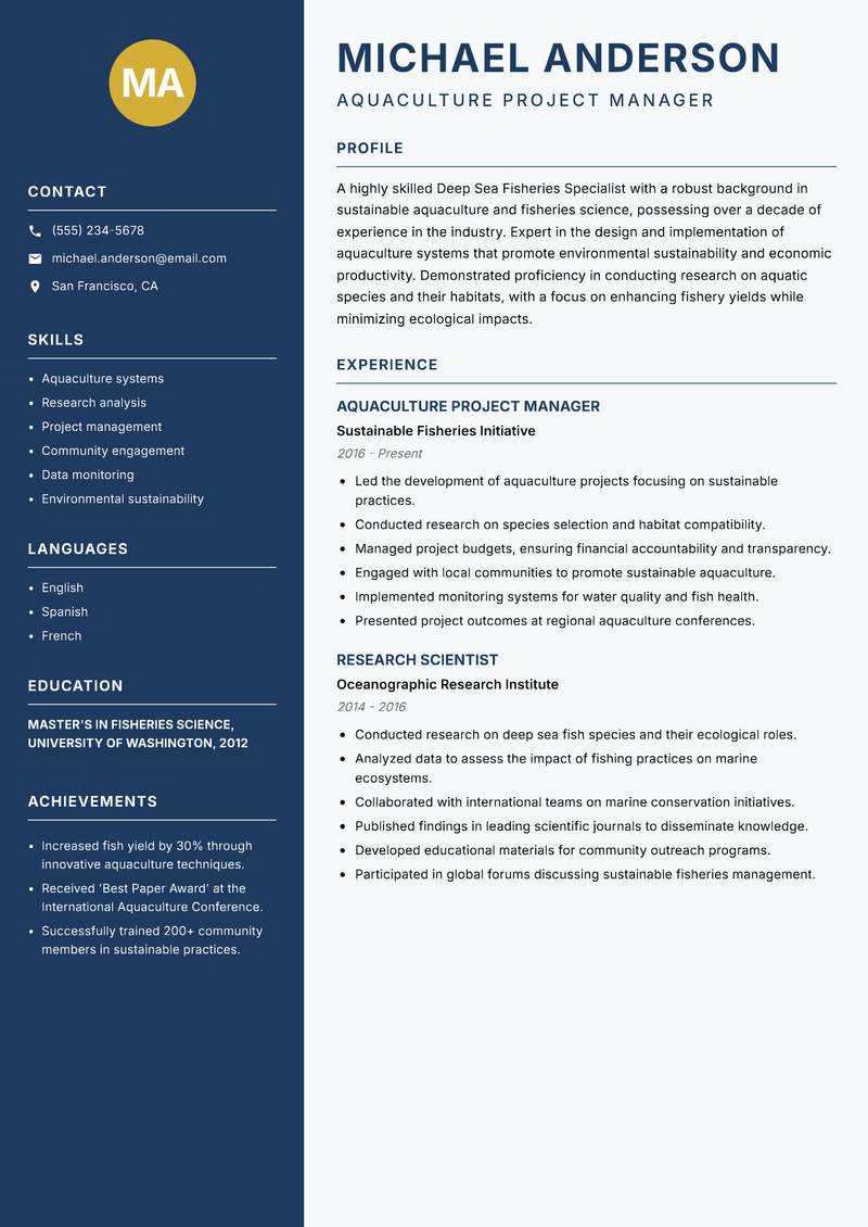 Deep Sea Fisheries Specialist resume template — Classic Clean