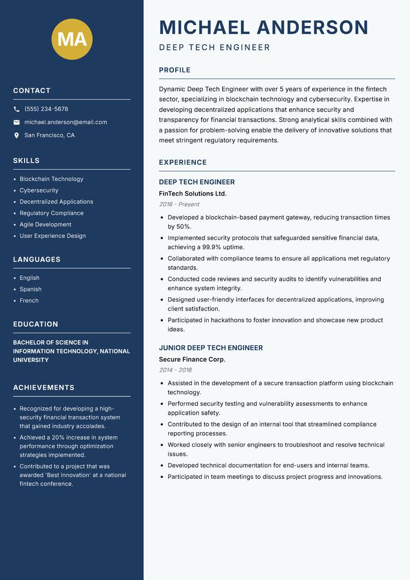Deep Tech Engineer resume template — Classic Clean