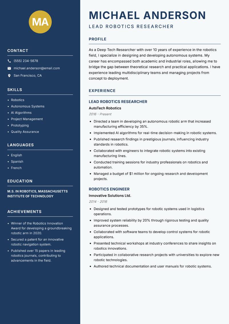 Deep Tech Researcher resume template — Classic Clean