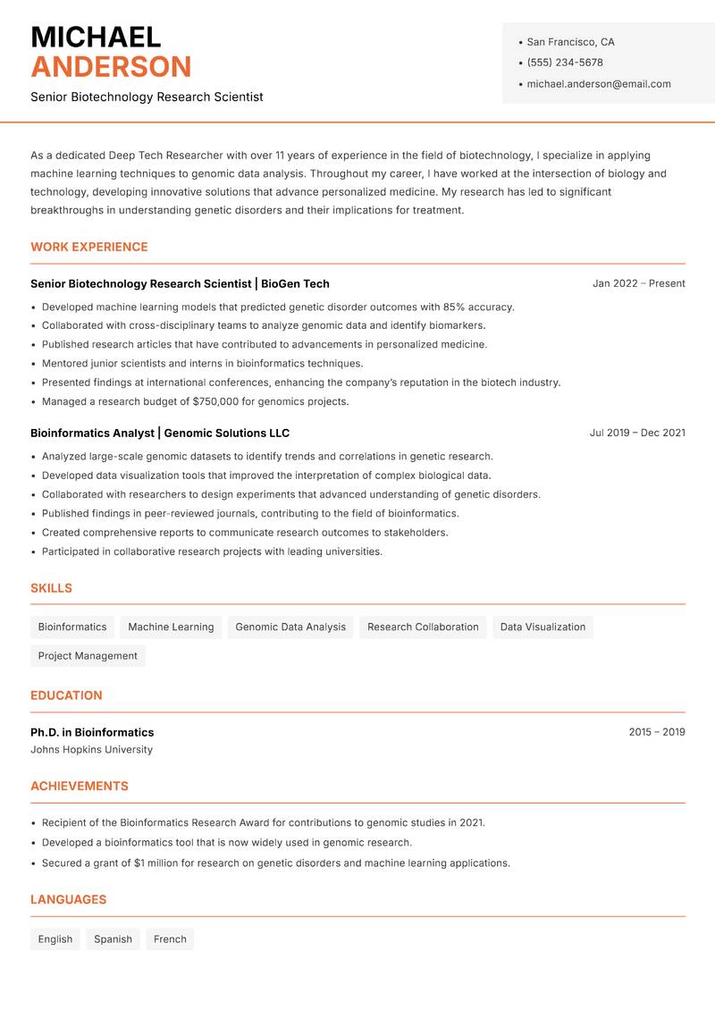 Deep Tech Researcher resume template — Modern Professional