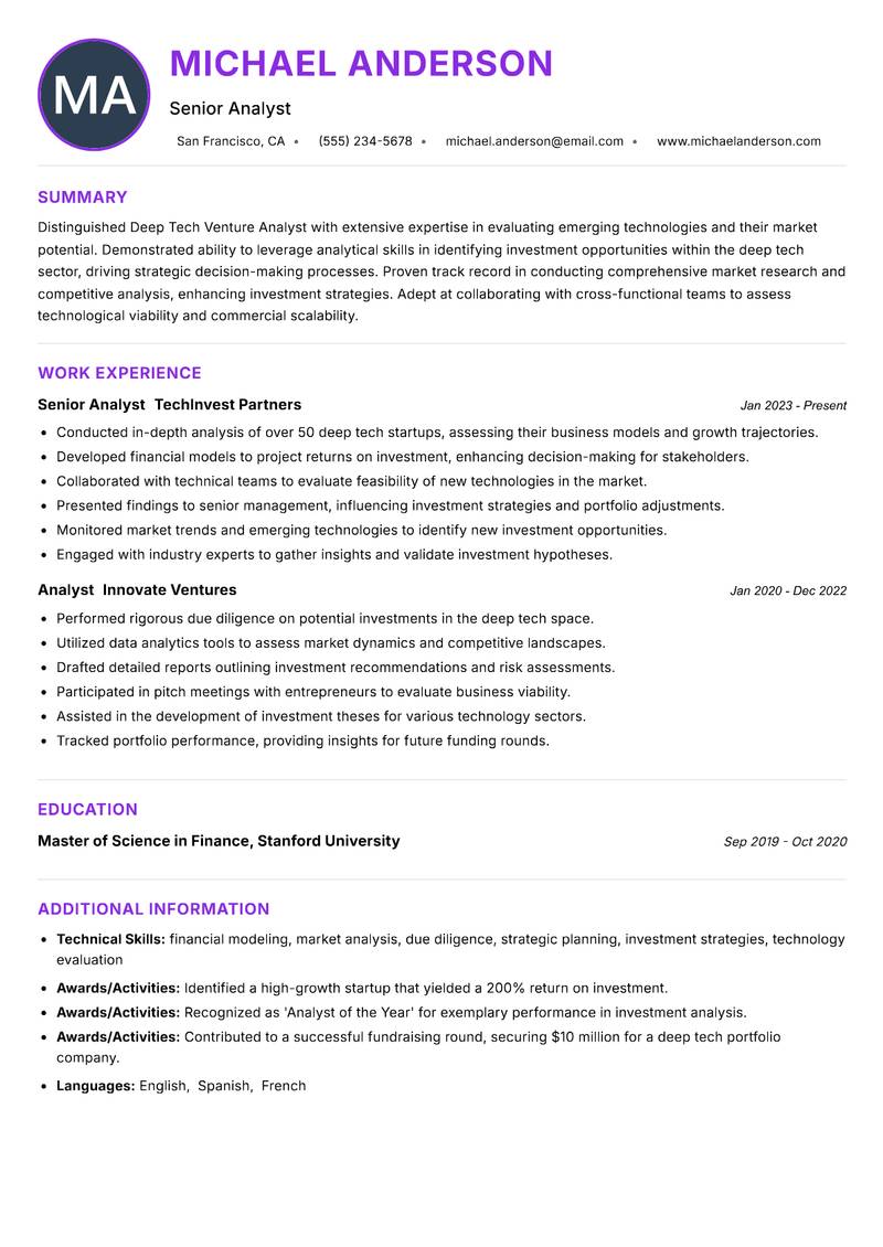 Deep Tech Venture Analyst resume example — ATS-friendly template