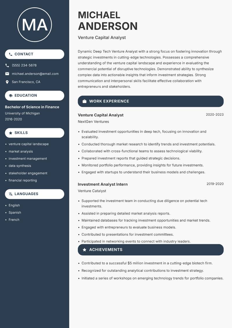 Deep Tech Venture Analyst resume template — Compact