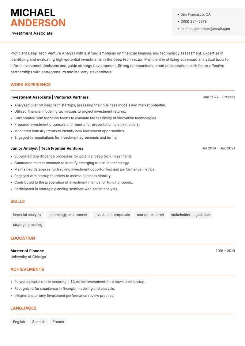 Deep Tech Venture Analyst resume template — Modern Professional