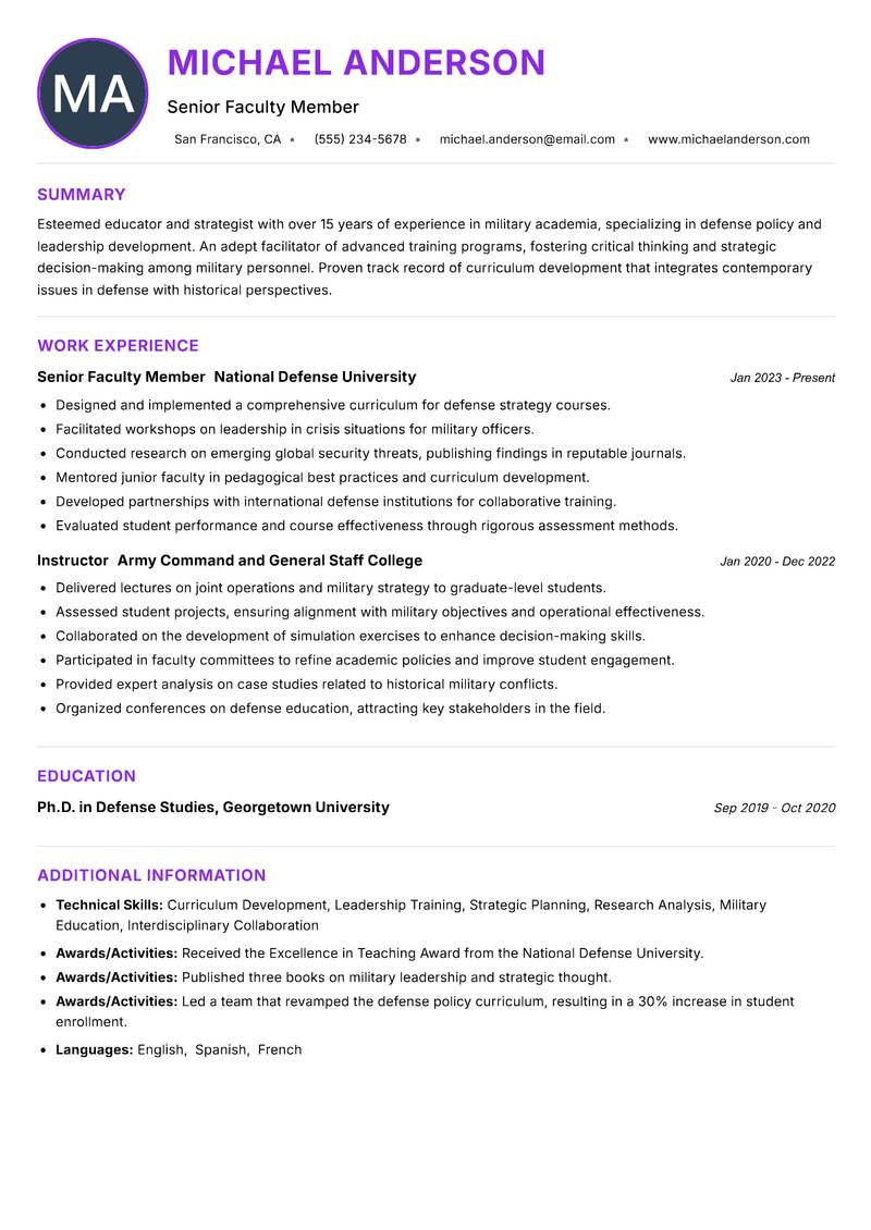 Defense Academy Faculty resume example — ATS-friendly template