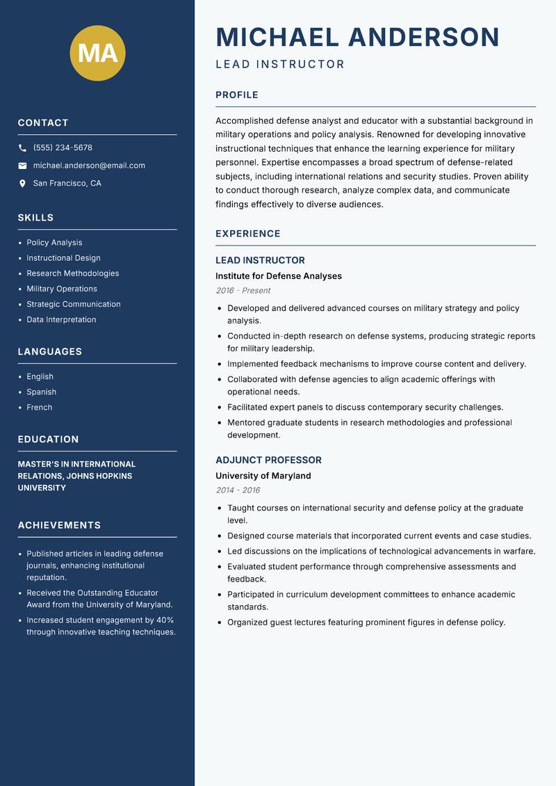 Defense Academy Faculty resume template — Classic Clean