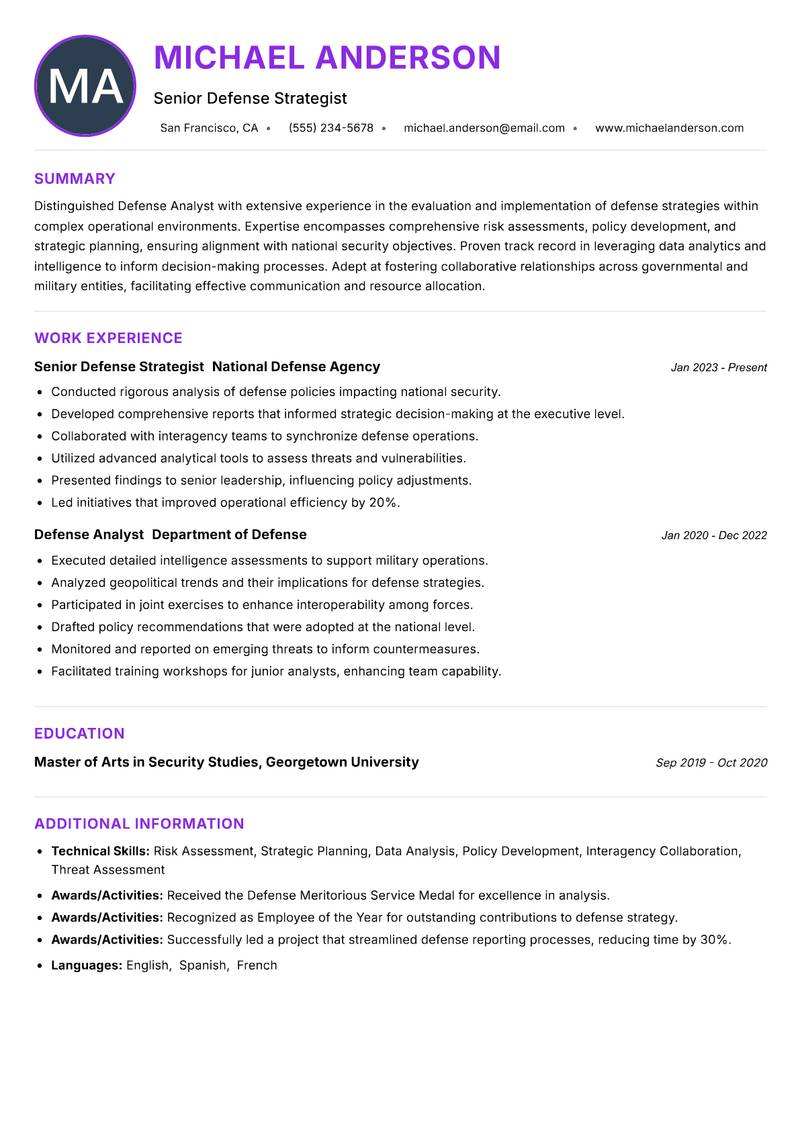 Defense Analyst resume example — ATS-friendly template