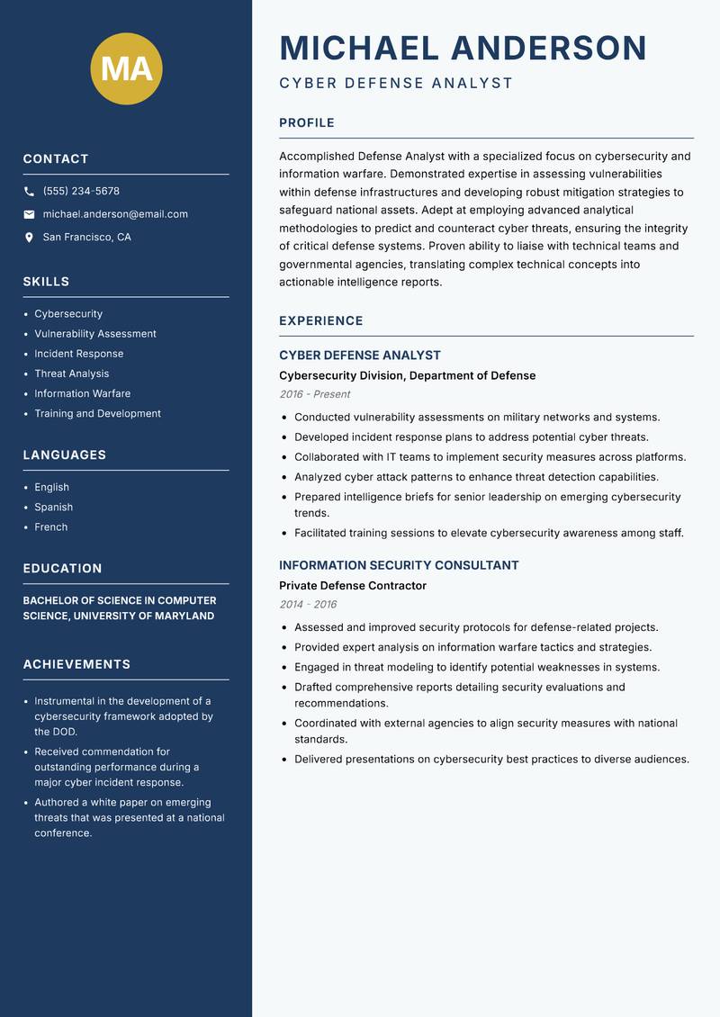 Defense Analyst resume template — Classic Clean