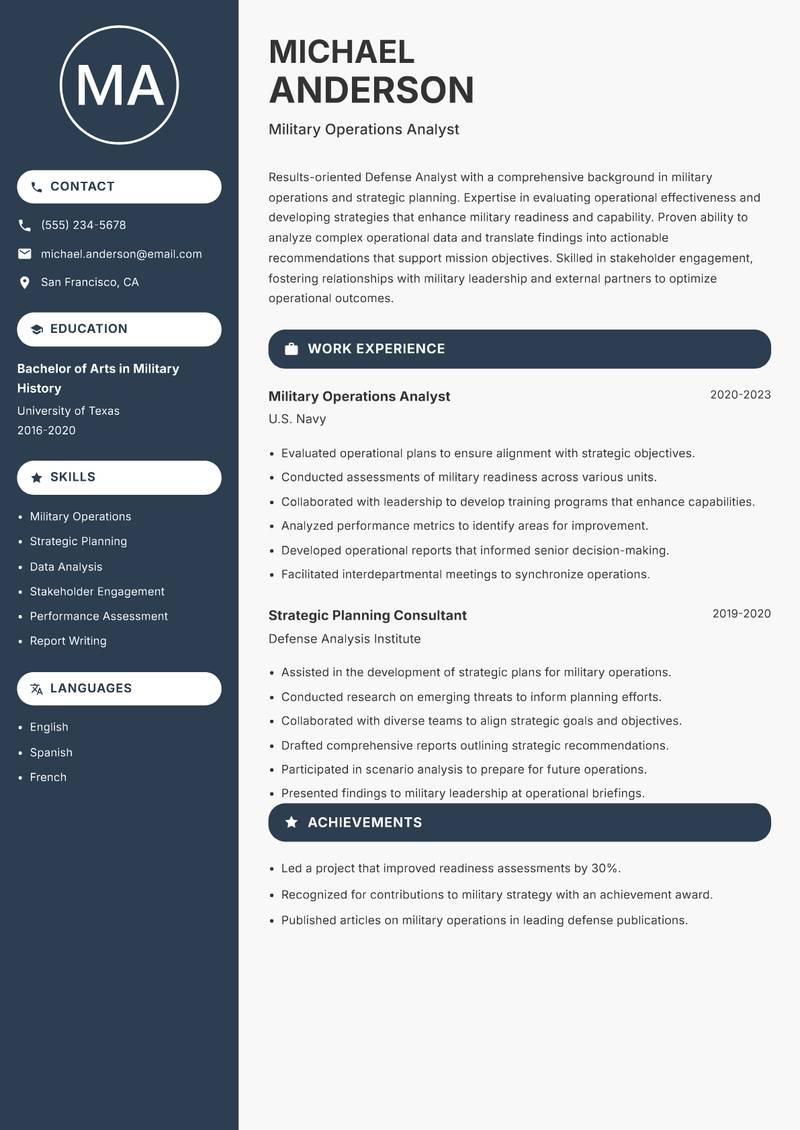 Defense Analyst resume template — Compact