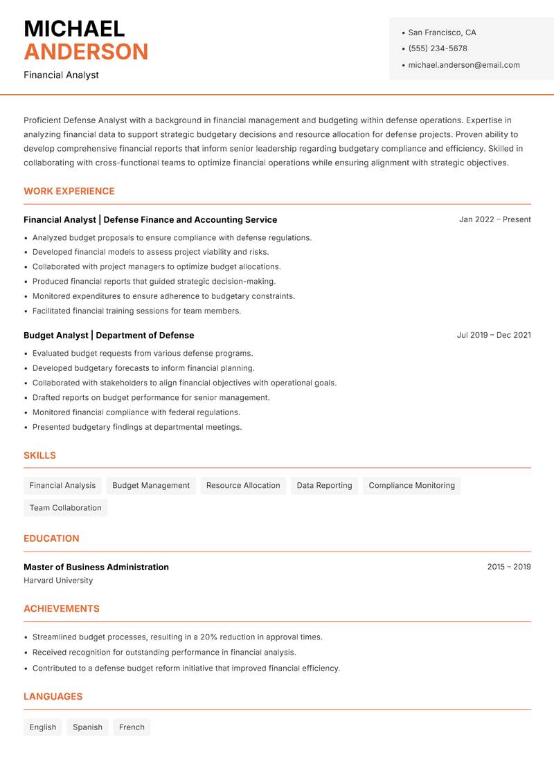 Defense Analyst resume template — Modern Professional
