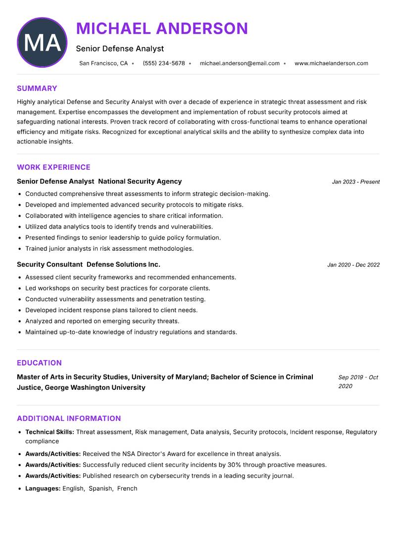 Defense and Security Analyst resume example — ATS-friendly template