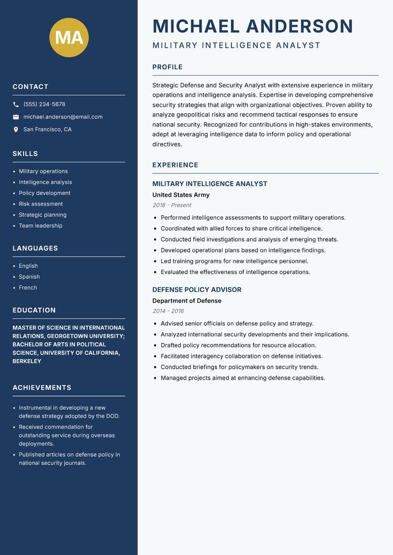 Defense and Security Analyst resume template — Classic Clean