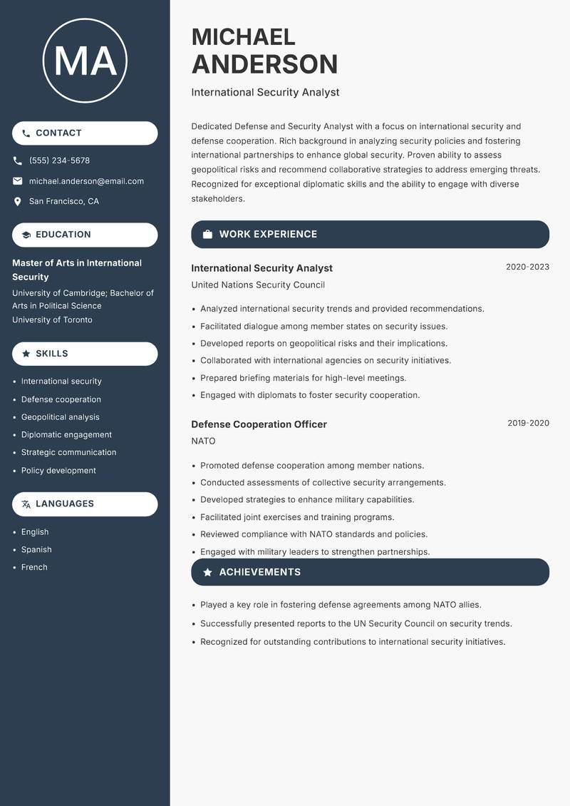 Defense and Security Analyst resume template — Compact
