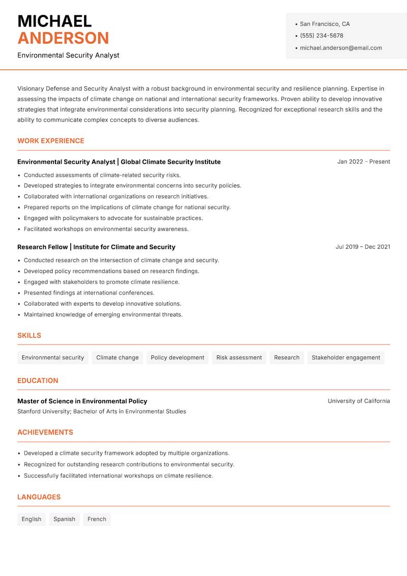Defense and Security Analyst resume template — Modern Professional