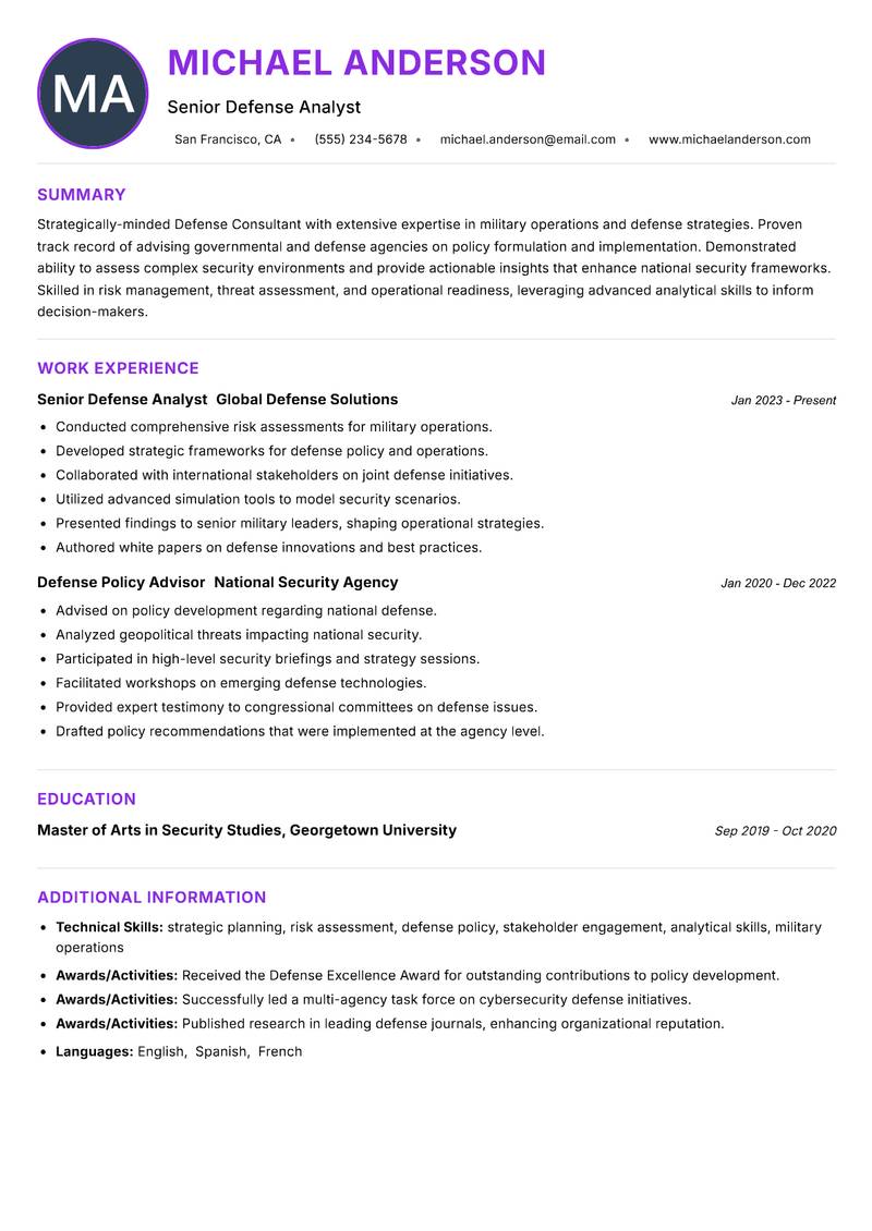 Defense Consultant resume example — ATS-friendly template