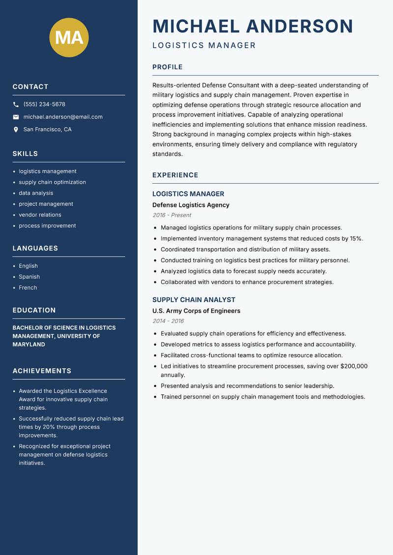 Defense Consultant resume template — Classic Clean