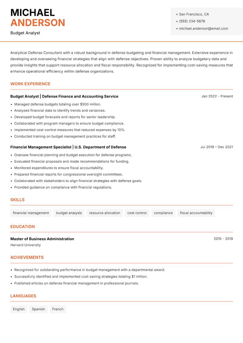 Defense Consultant resume template — Modern Professional