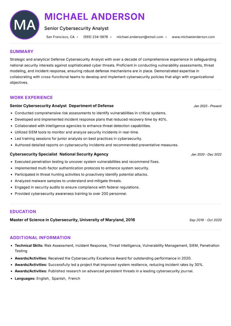 Defense Cybersecurity Analyst resume example — ATS-friendly template