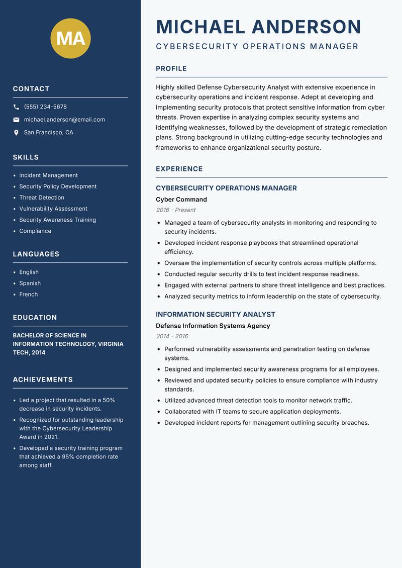 Defense Cybersecurity Analyst resume template — Classic Clean