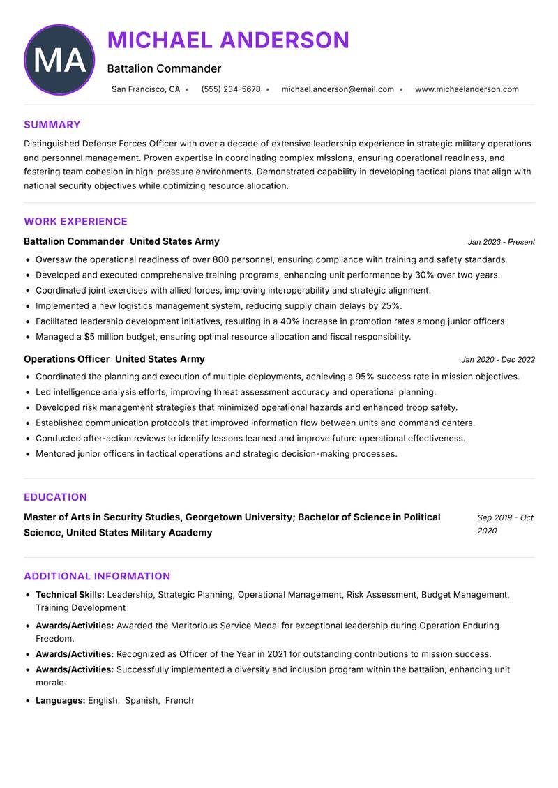 Defense Forces Officer resume example — ATS-friendly template