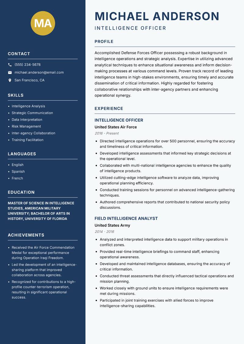 Defense Forces Officer resume template — Classic Clean
