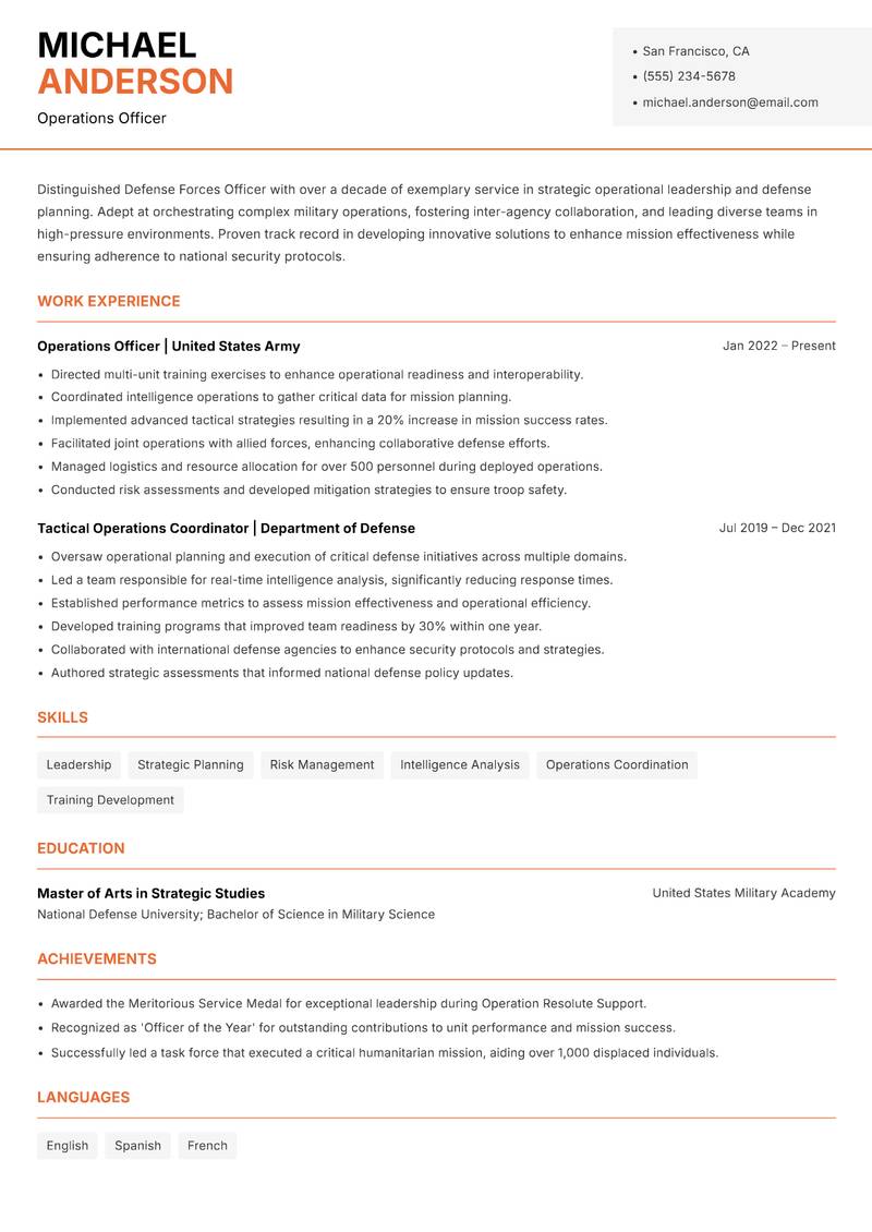 Defense Forces Officer resume template — Modern Professional