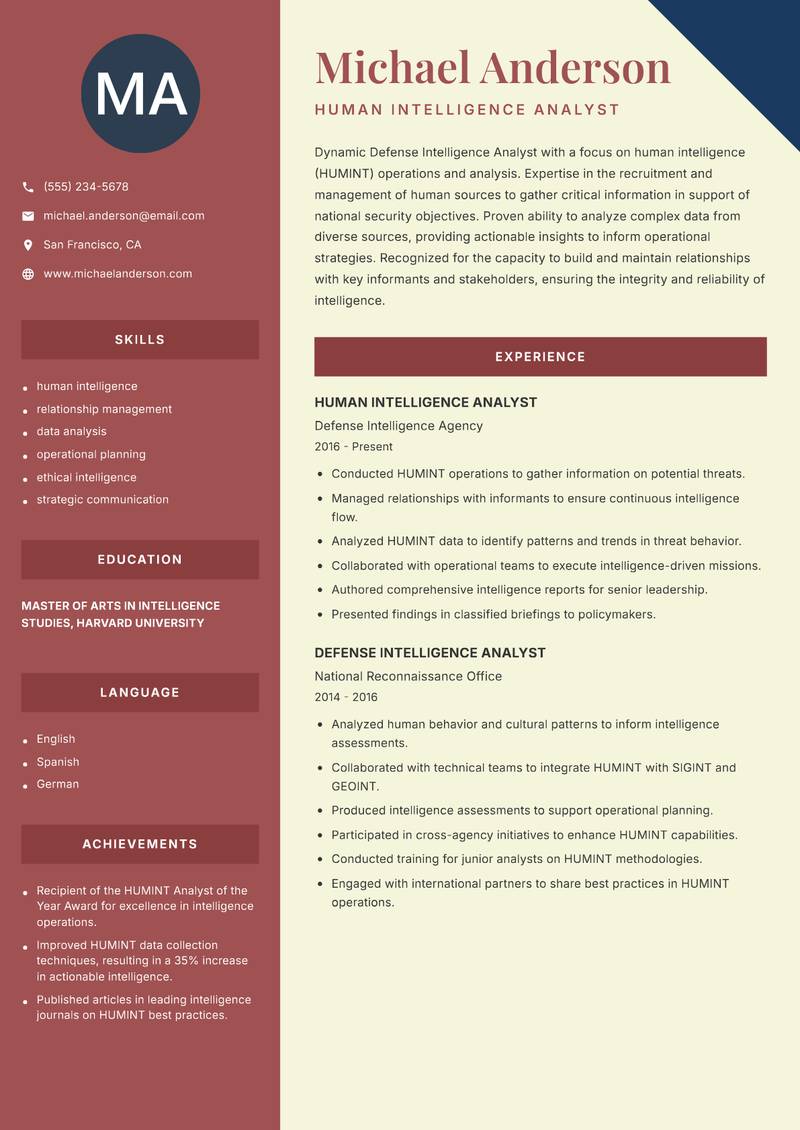 Defense Intelligence Analyst resume template — Two Column