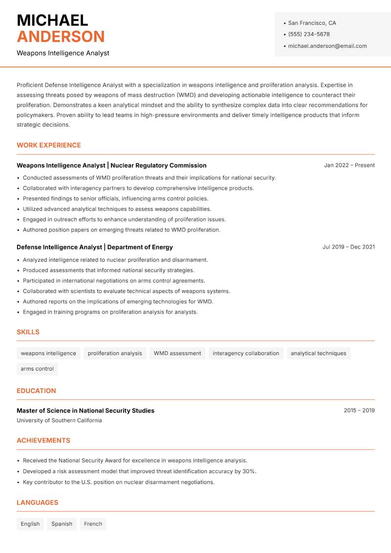 Defense Intelligence Analyst resume template — Modern Professional