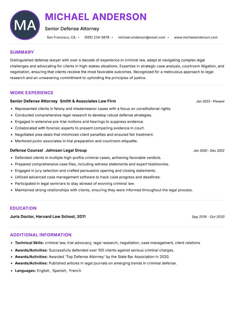 Defense Lawyer resume example — ATS-friendly template