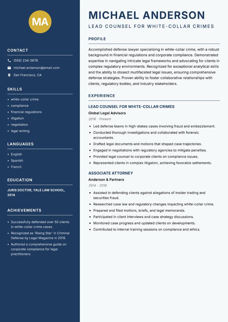 Defense Lawyer resume template — Classic Clean