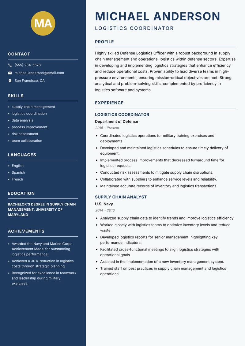 Defense Logistics Officer resume template — Classic Clean